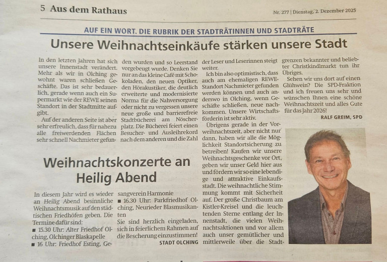 Ralf Greim, Fraktionsvorsitzender, im Mitteilungsblatt Olching im Dezember 2025